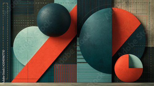 A bold abstract artwork inspired by the Constructivist movement, featuring dynamic geometric shapes, strong lines, and a striking primary color palette.