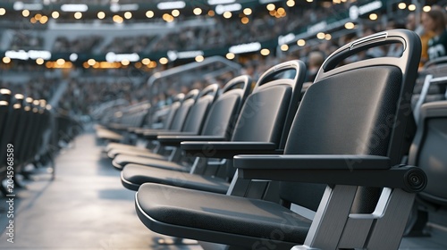 Medium shot of inclusive stadium seating with removable armrest chairs highlighting accessibility and companion spaces soft bokeh crowd minimalist polished concrete and brushed