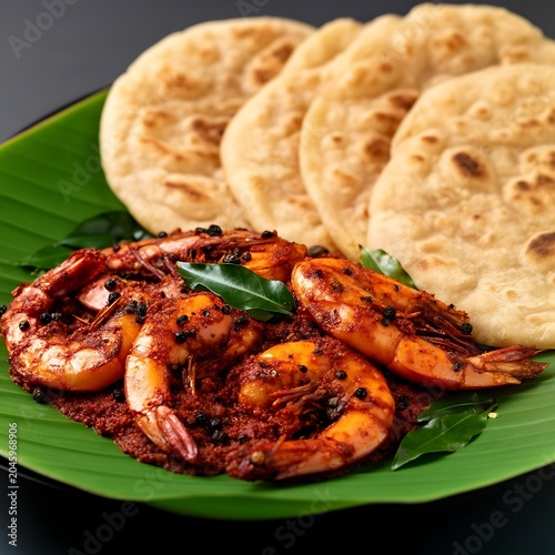 Delicious fried shrimp served on banana leaf with flatbread