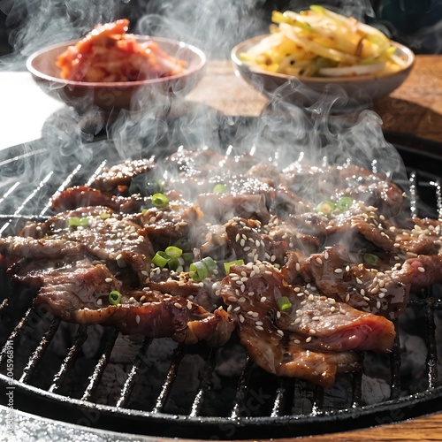 Grilled chicken skewers with herbs and vegetables on a barbecue grill