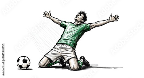 Jubilant soccer player celebrating goal on the field.