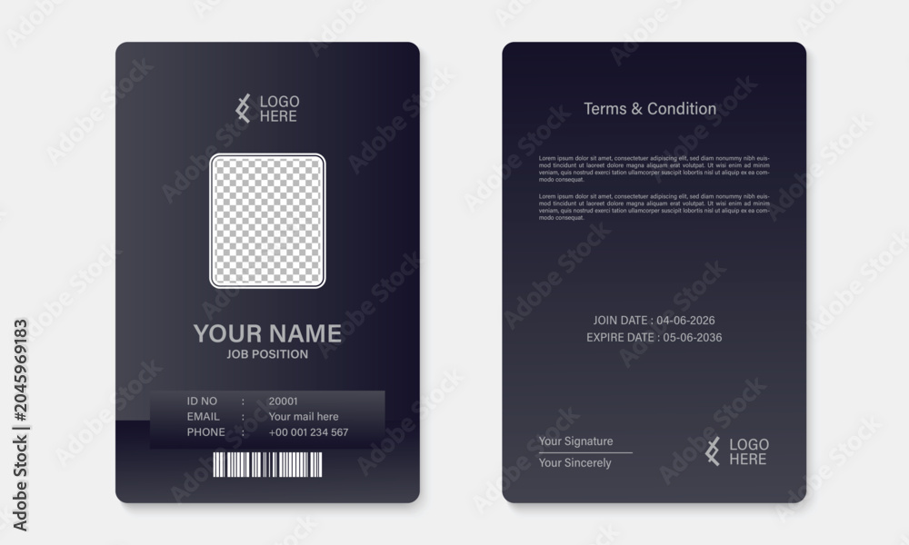 Obraz premium Modern Dark Blue Employee ID Card Template with Professional Corporate Identity Design