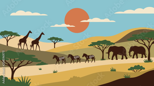 Photography African Safari Landscape with Wild Animals in Flat Illustration Style
