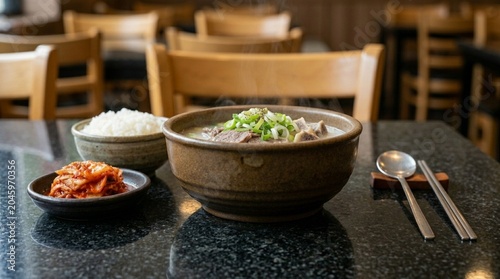 Seolleongtang Korean Ox Bone Soup with Rice and Kimchi | Milky Broth | K-Food Stock Photo
