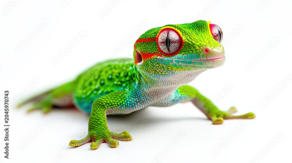 Fototapeta premium Vibrant green lizard with striking red eyes and intricate patterns on its skin, showcasing its unique features and colors