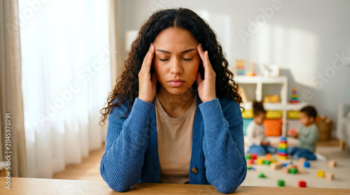 Woman sitting at table looks stressed while children play with toys in background during day at home