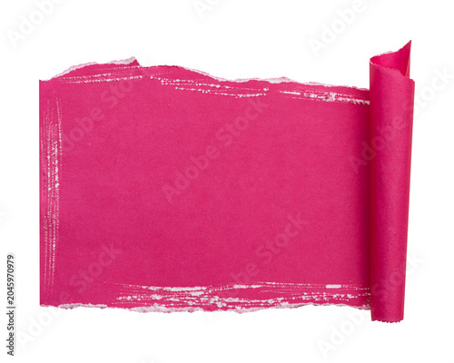 Ripped pink torn paper scroll sheet with rough edges Isolated on transparent background