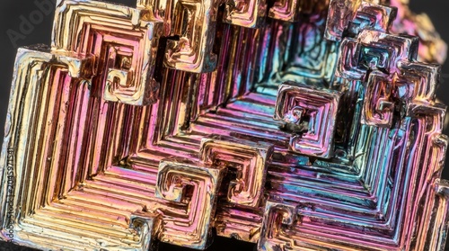 Iridescent bismuth crystal displaying intricate geometric stepped growth patterns. Close-up view highlighting its unique metallic luster and vibrant colors.