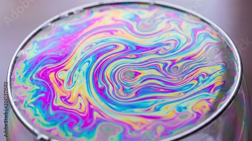 Close-up of a vibrant soap bubble film displaying swirling iridescent colors. Optical phenomenon creating abstract patterns.