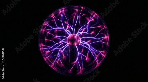 Plasma ball glowing with vibrant pink and purple electric discharges. Feeling of science and dynamic energy.