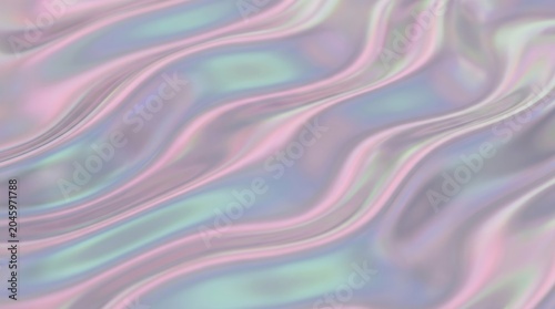 Iridescent holographic fabric with flowing wavy patterns. Soft pastel colors create a shimmering, ethereal background.