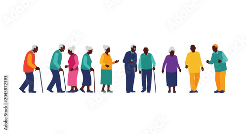 Diverse group of elderly people in colorful clothing standing in a row.