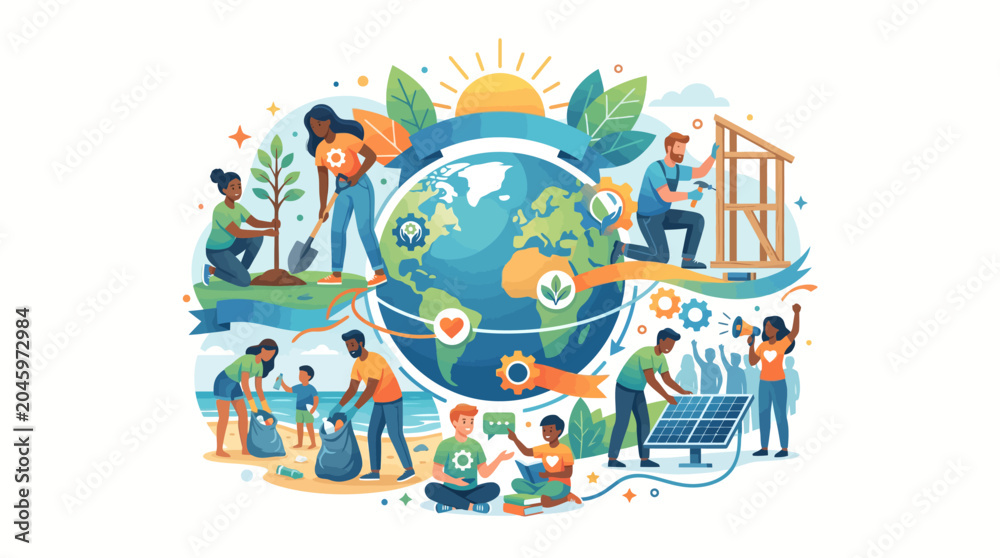 Naklejka premium Vibrant illustration of diverse people engaging in eco-friendly activities around the Earth with a sunny background and green leaves.