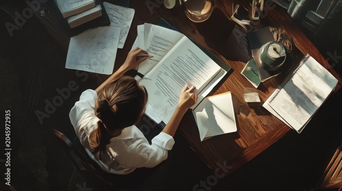 Woman reviews important documents on a dark wooden table, capturing the interplay of natural light and shadow on the crisp white paper textures during her productive afternoon of focused professional.
