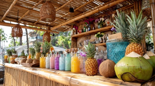 Tropical bar with fruit drinks and decor
