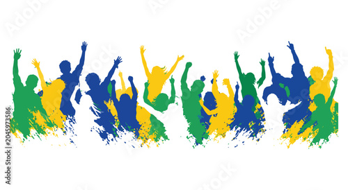Brazil Football Fan Crowd Silhouette Banner with Paint Splash Effect and Championship Celebration Vector Illustration
