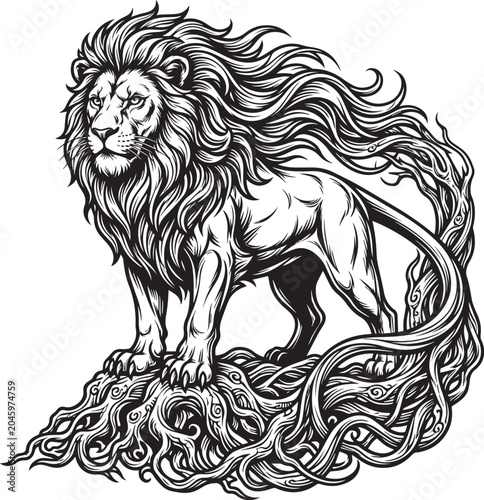 Ancient Tree Root Full Body Lion Vector Illustration