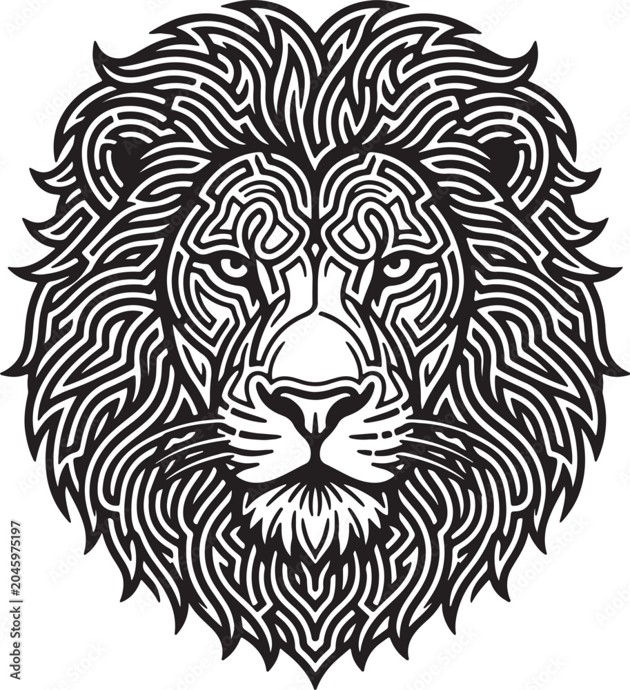 Obraz premium Intricate Maze Pattern Lion Head Vector Logo