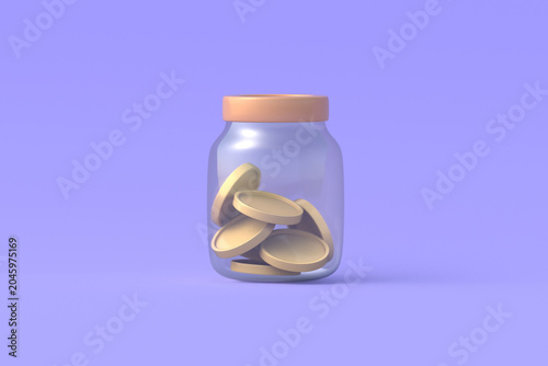 Glass jar with coins on violet background. Small savings. Money accumulation. Cash deposit. Retirement fund. Capital safety. 3d render
