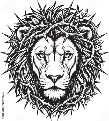 Organic Thorn Crown Lion Face Vector Tattoo Design