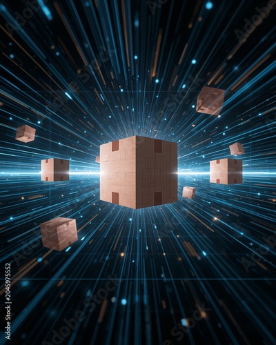 Abstract Warehouse Parcel Network With Dynamic Light Trails And Digital Tracking Flow