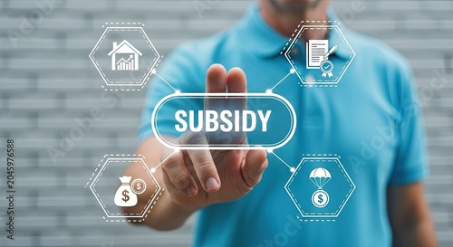 Man interacting with subsidy concept on a digital interface with financial icons
