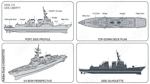 Photos Technical drawings of a naval vessel showcasing port side profile, top-down deck plan, 3D isometric perspective, and side silhouette
