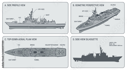 Schilderij op canvas Technical diagrams of a naval ship showcasing side profile, isometric perspective, top-down aerial plan, and side silhouette views in grayscale