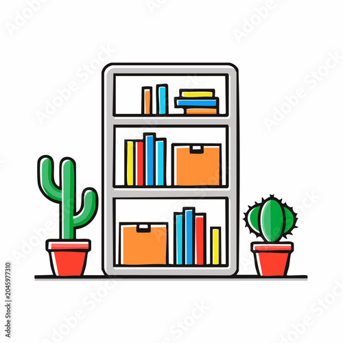 Illustration of a Bookshelf with Potted Cacti