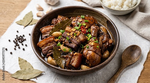 Filipino Adobo Pork and Chicken Braised in Vinegar Soy | National Dish | Philippine Cuisine Stock Photo