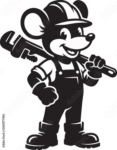 Cartoon bear holding a wrench black silhouette on a white background