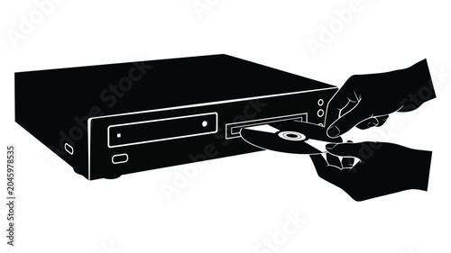 Fotografie Cd Player With Hand Inserting Disc Black Silhouette