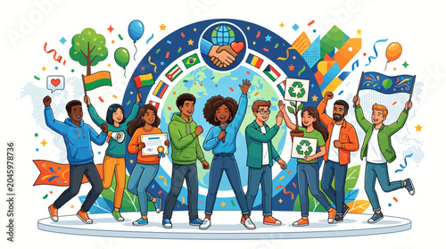 Fotografía Illustration of a diverse group of people celebrating with raised arms and flags in front of a colorful arch with confetti and balloons on a white background