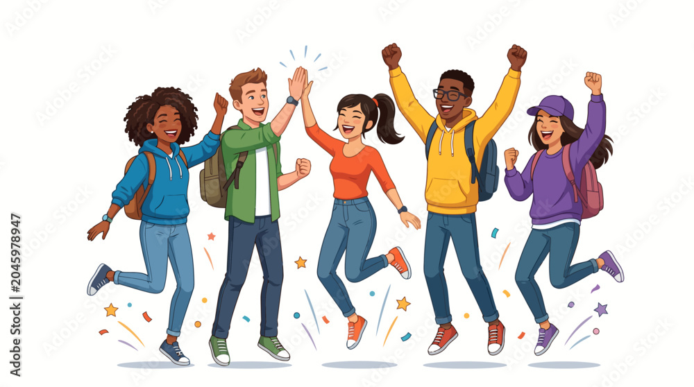 Obraz premium Diverse group of happy students jumping and celebrating with raised arms in colorful outfits against a white background with confetti.
