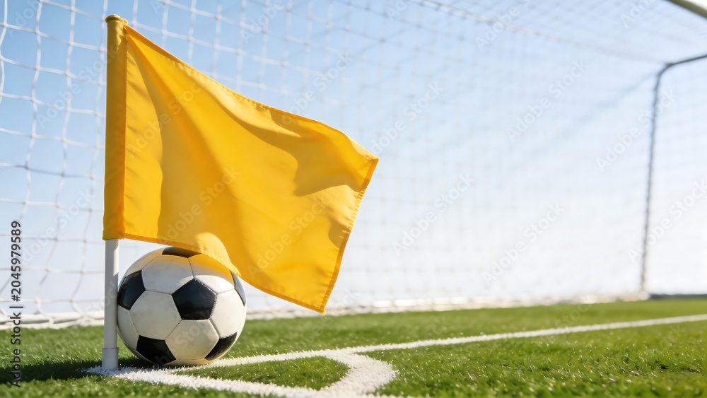 Naklejka premium Soccer Ball at Corner Flag on Grass Pitch