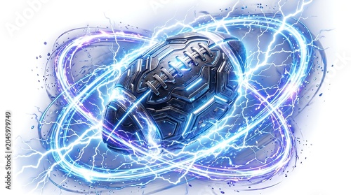 Futuristic metallic object with glowing blue neon lights and electric sparks flying around it