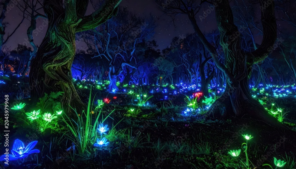 Fototapeta premium Glowing Fireflies in Dark Forest at Night.