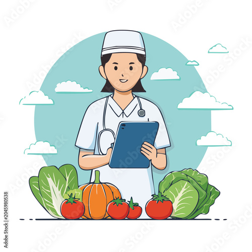 Nutritionist with fresh vegetables and tablet
