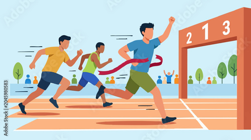 Three male runners crossing finish line, celebrating victory in a race