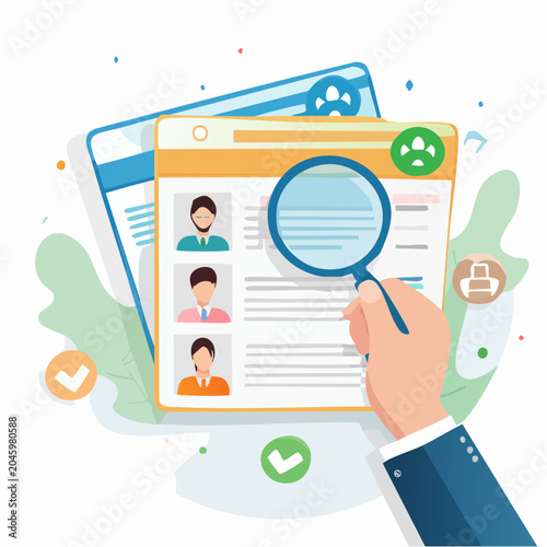 Recruitment process with hand and magnifying glass over profiles