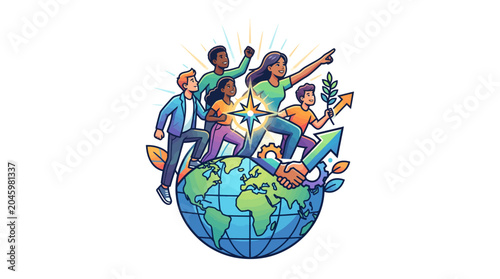 Fotografía Illustration of diverse people jumping around a globe with green leaves and colorful rays on a white background