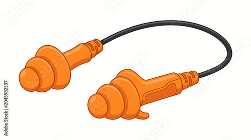фотографія Orange earplugs connected by a black cord on a white background, close-up view with a focus on hearing protection