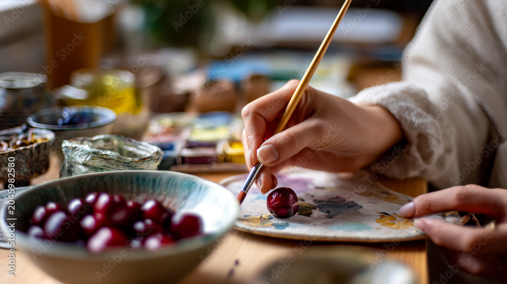 Obraz premium Close-up of artists hands painting with cherries nearby