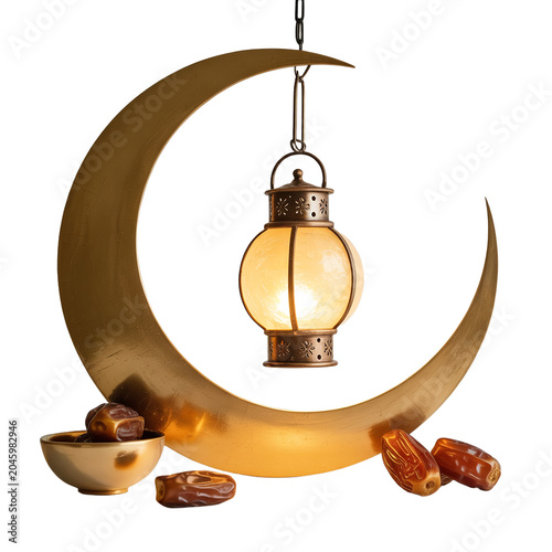 Golden crescent moon with hanging lantern and autumn leaves isolated on transparent background