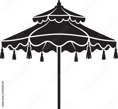 Tiered canopy parasol silhouette against a white background decorative tassels included
