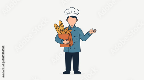 Baker holding fresh bread and croissants, vector illustration