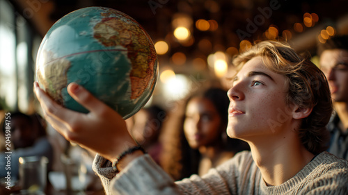 Young man holds globe, exploring world with wonder and curiosity