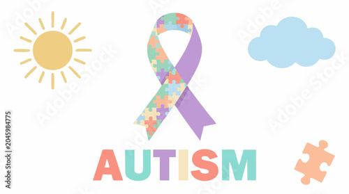 Foto Colorful Autism Awareness Ribbon with Puzzle Pieces, Sun, Cloud, and Text