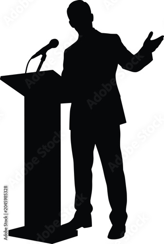 Bild auf Leinwand Silhouette of a man in a suit speaking at a podium with a microphone, gesturing