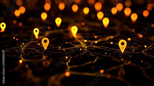 Abstract digital map background with glowing orange navigation pins and connection lines.